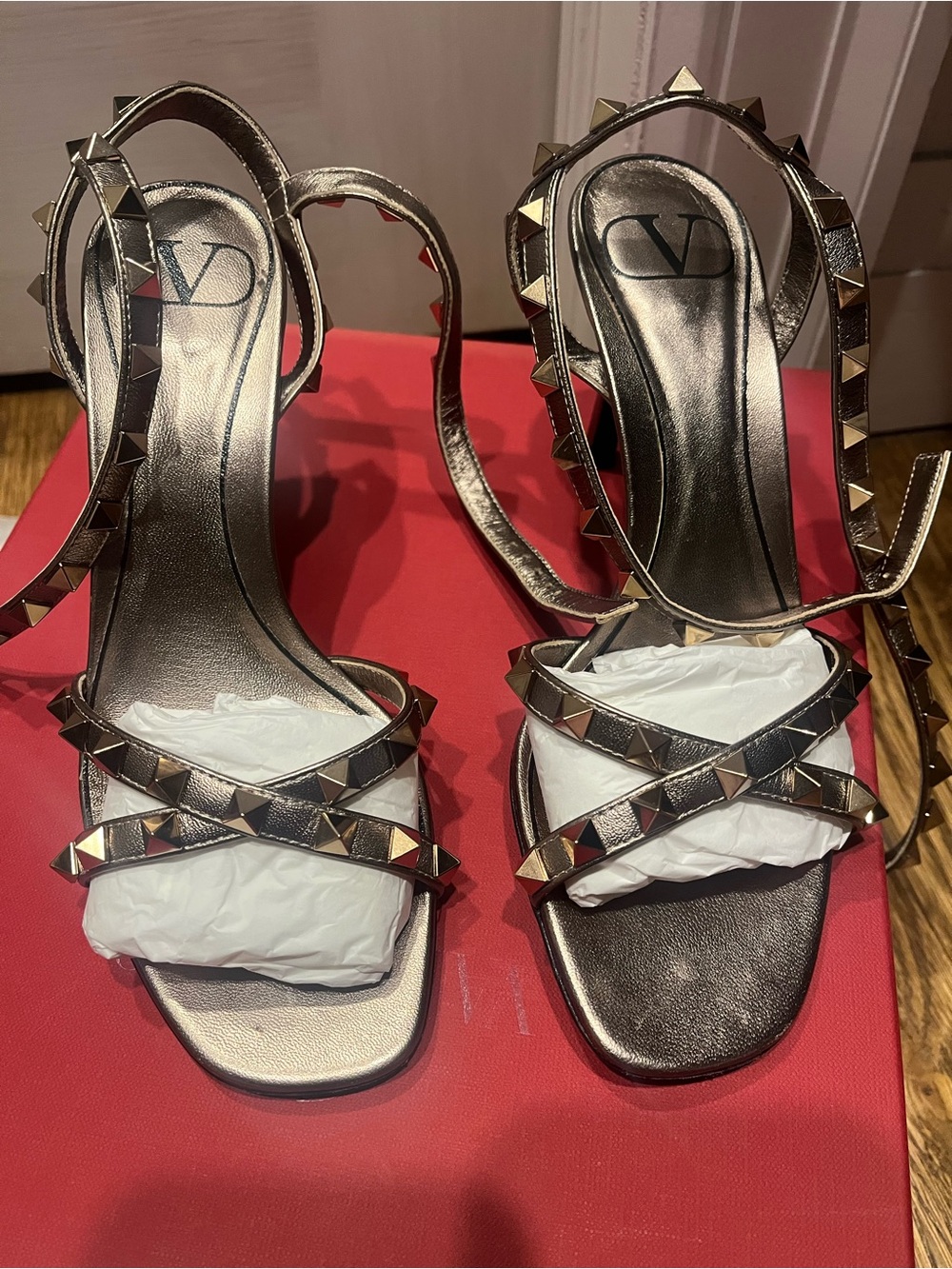 Valentino Stud-Embellished Metallic Slingback Sandals - Bronze, size 35.5